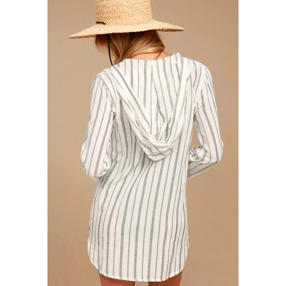 Billabong Same Story Cover Up Womens S Small White Gray Striped Lace Up Hooded